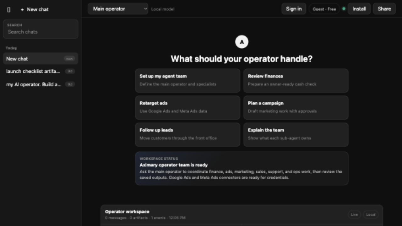 Aximary operator team app with main operator prompts, specialist-agent workflows, outputs, activity, and composer